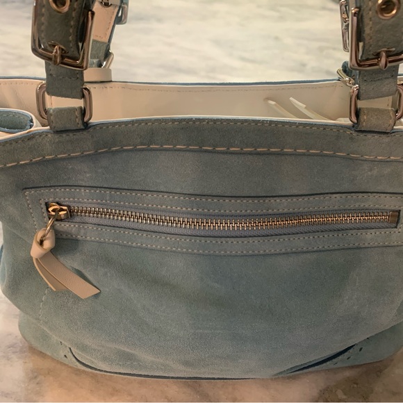 Coach Light Blue Suede Tote with White Leather Trim with Dust Cover - Picture 3 of 8